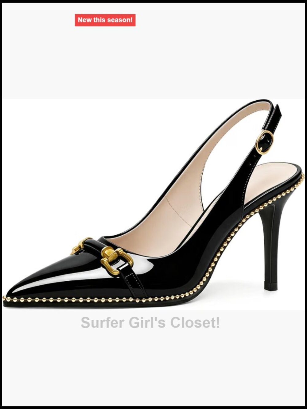 Slingback Heels Women's Pointed Toe Stiletto Pumps with Gold Beaded Buckle